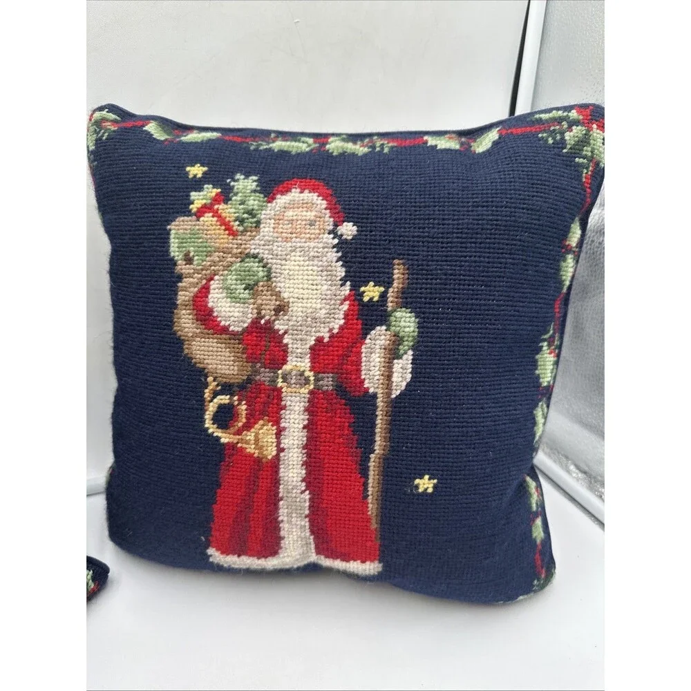 Lot If 2 Needlepoint Father Christmas~Santa Claus Throw Pillow Vintage